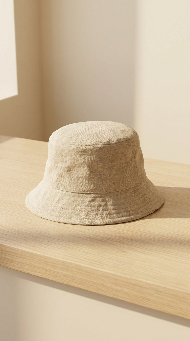 Photograph of an undyed linen bucket hat sitting on a light wood surface.