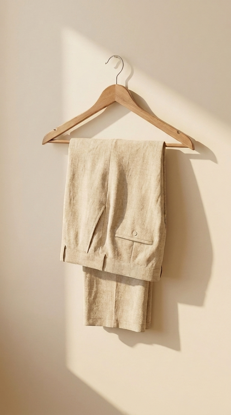 Photograph of undyed linen pants folded over a wooden hanger.
