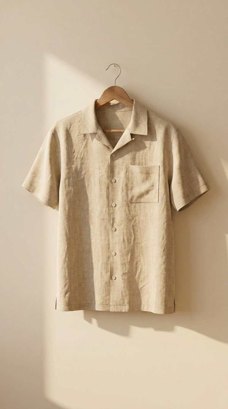 Photograph of an undyed linen short-sleeve button shirt on a wooden hanger, natural color, with a chest pocket.