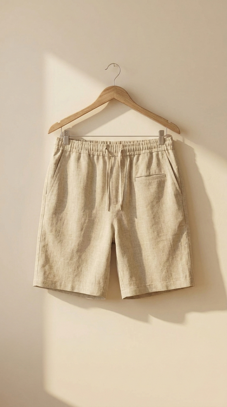 Photograph of undyed linen shorts on a wooden hanger, with an elastic waist, drawstring, side pockets, and one back pocket.